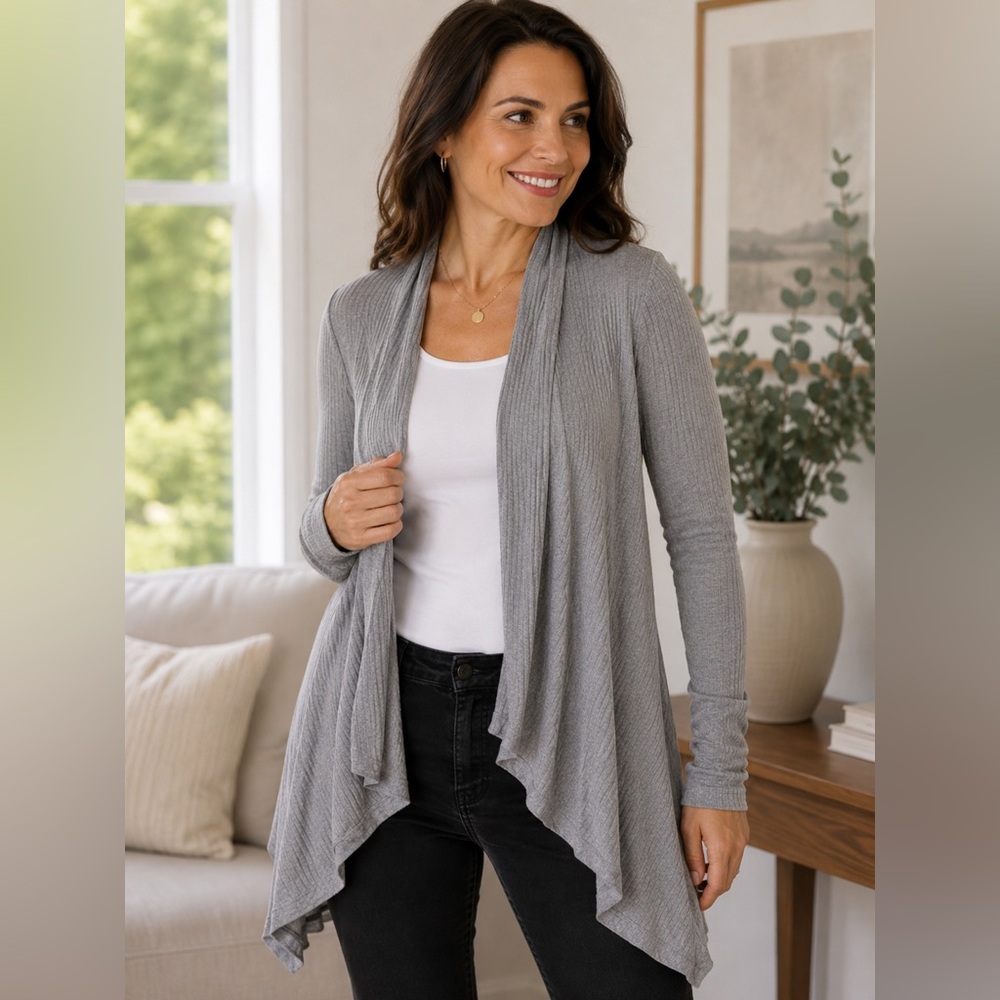 Belldini Light Gray Silver Ribbed Open-Front Waterfall Drape Cardigan